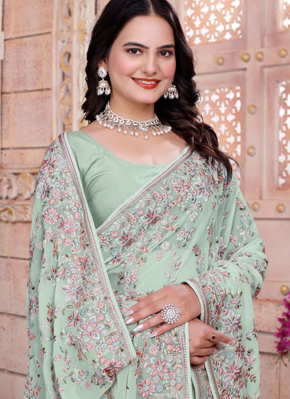 Embroidered Georgette Sea Green Saree S14839