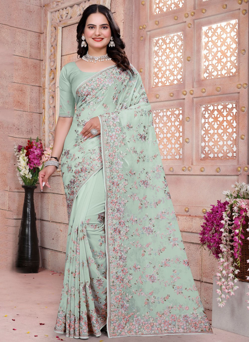 Embroidered Georgette Sea Green Saree S14839