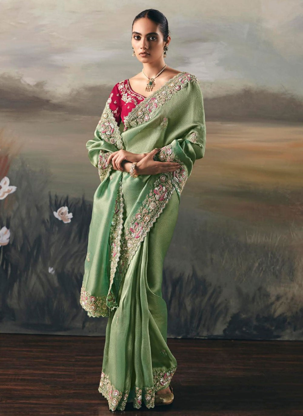 Sea Green Tissue Classic Saree Embroidered, Resham, Thread S20400