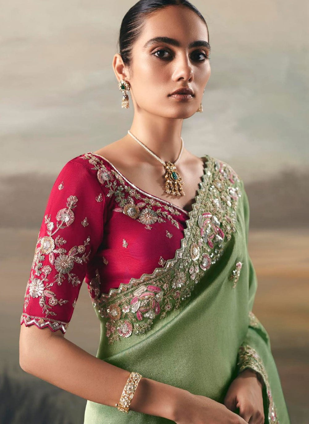 Sea Green Tissue Classic Saree Embroidered, Resham, Thread S20400