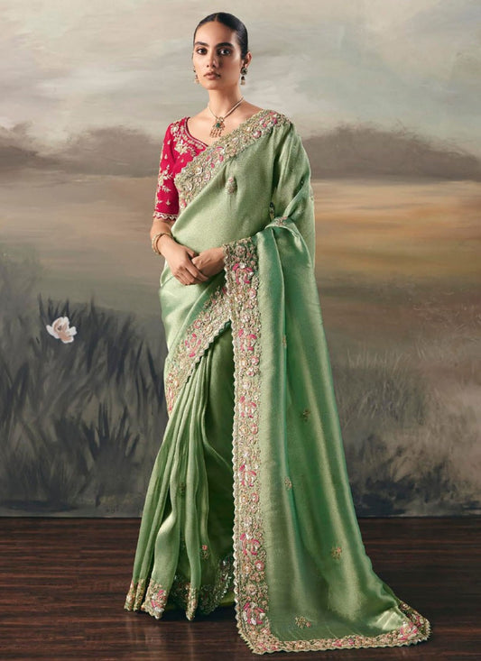 Sea Green Tissue Classic Saree Embroidered, Resham, Thread S20400