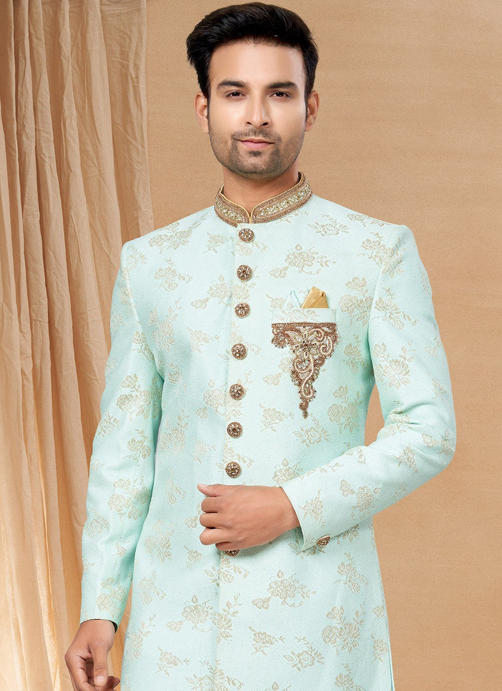 Hand Embroidery Jacquard Sea Green Indo Western - M6235