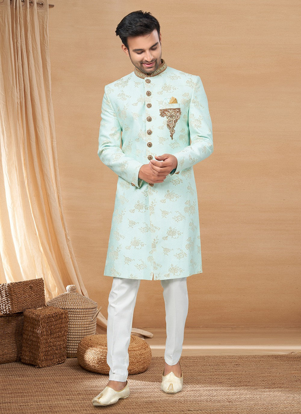 Hand Embroidery Jacquard Sea Green Indo Western - M6235