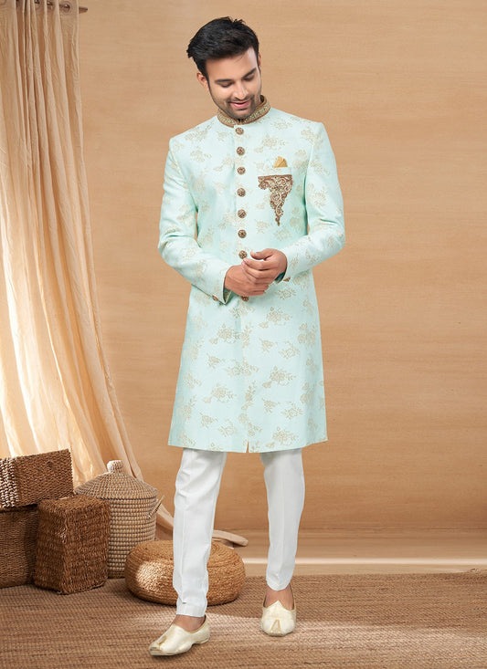 Hand Embroidery Jacquard Sea Green Indo Western - M6235