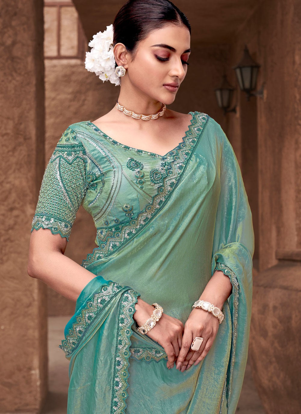 Contemporary Embroidered Sea Green Satin Silk Saree S13258