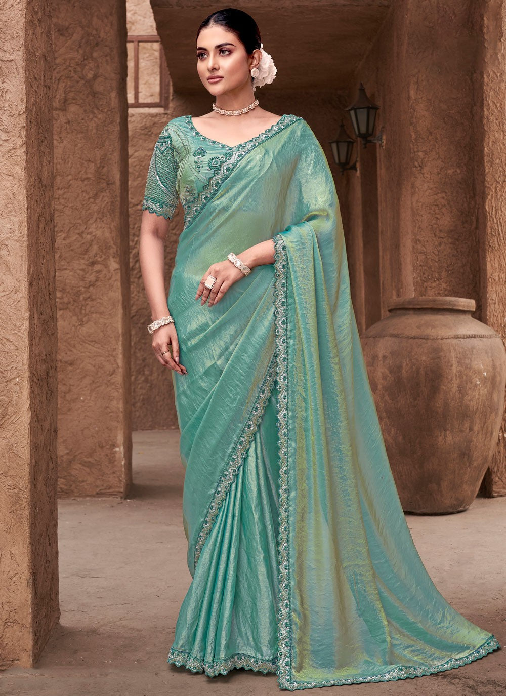 Contemporary Embroidered Sea Green Satin Silk Saree S13258