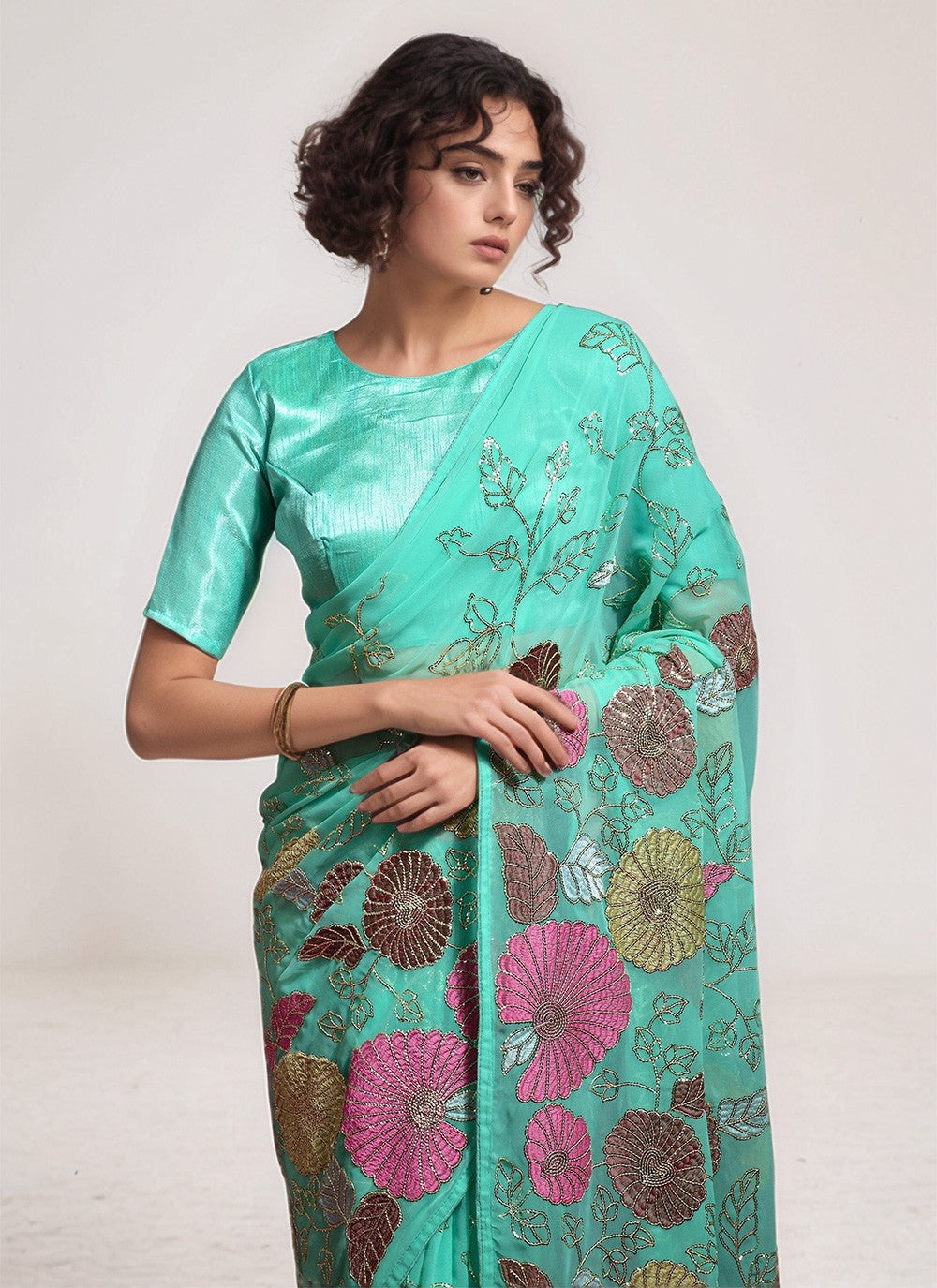 Sea Green Georgette Contemporary Saree Embroidered, Sequins, Thread S15802