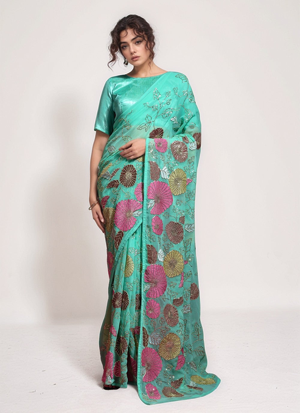 Sea Green Georgette Contemporary Saree Embroidered, Sequins, Thread S15802
