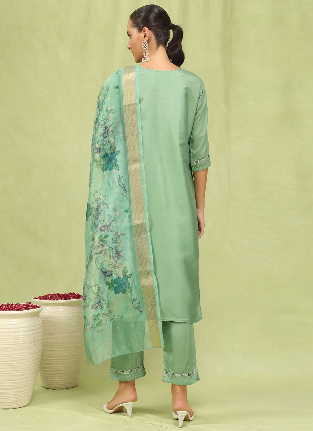 Embroidered Silk Blend Sea Green Pant Style Suit T6249
