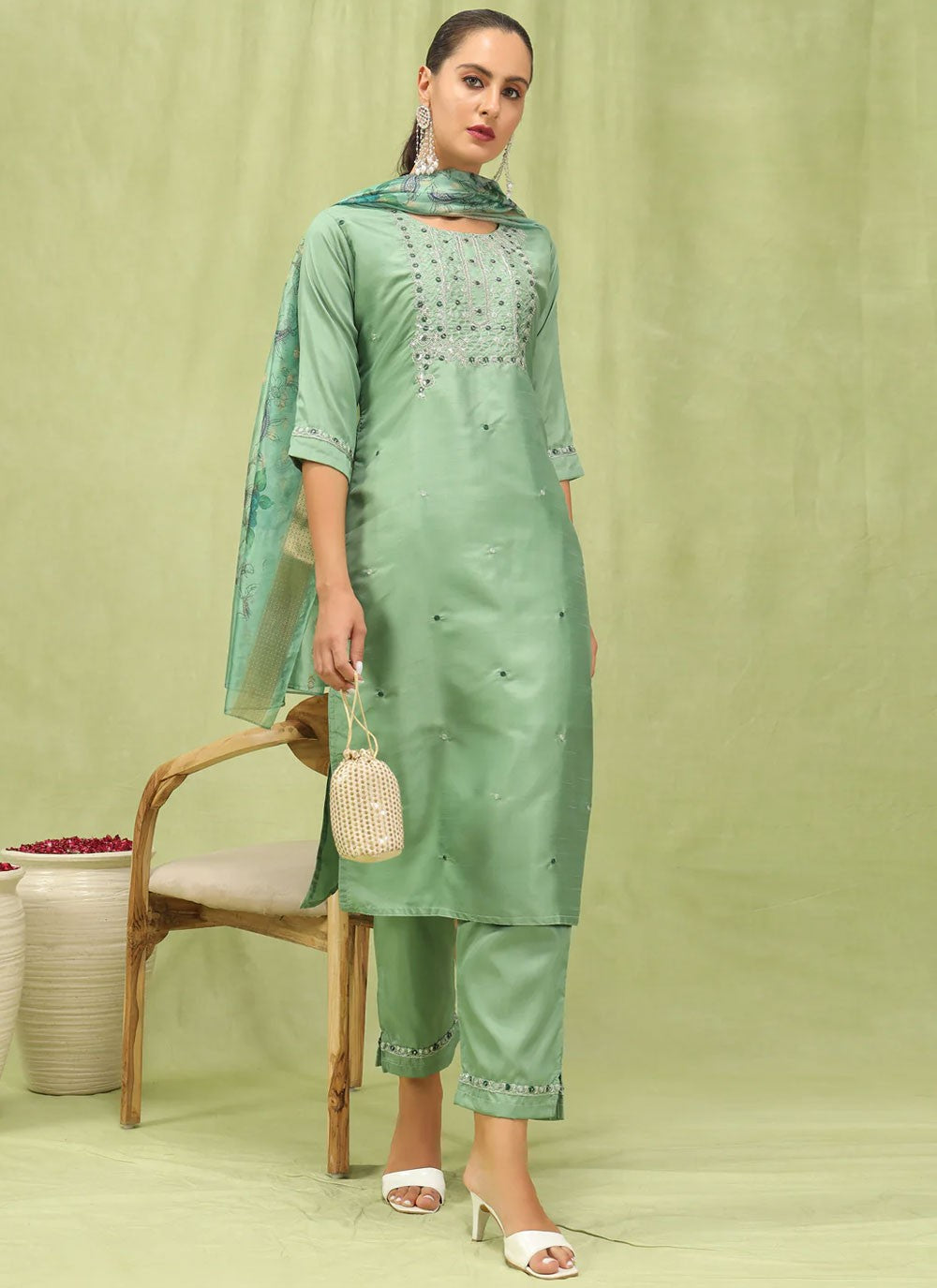 Embroidered Silk Blend Sea Green Pant Style Suit T6249