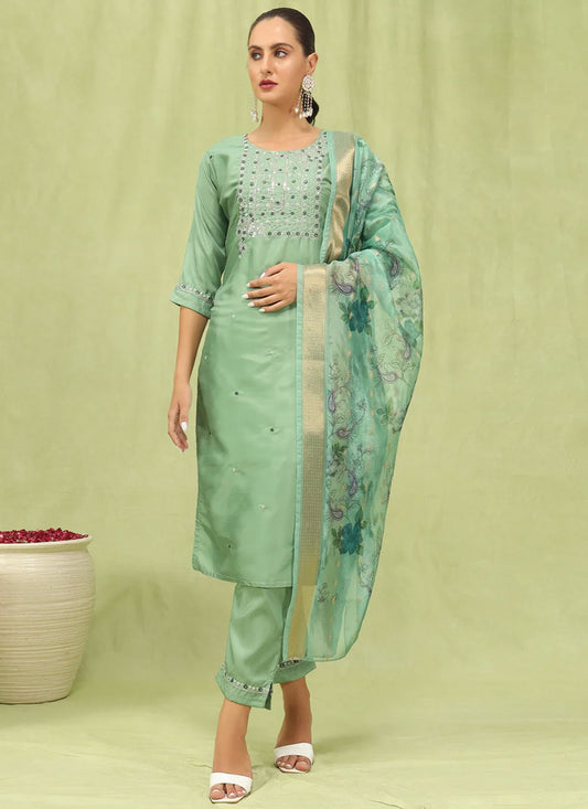 Embroidered Silk Blend Sea Green Pant Style Suit T6249