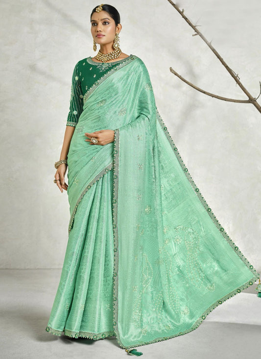 Border Work Silk Sea Green Classic Saree S15449