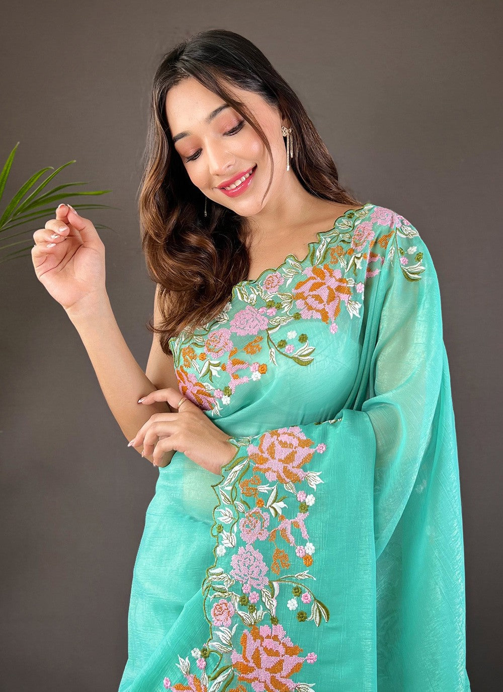 Cut Work, Embroidered Silk Saree - S11759