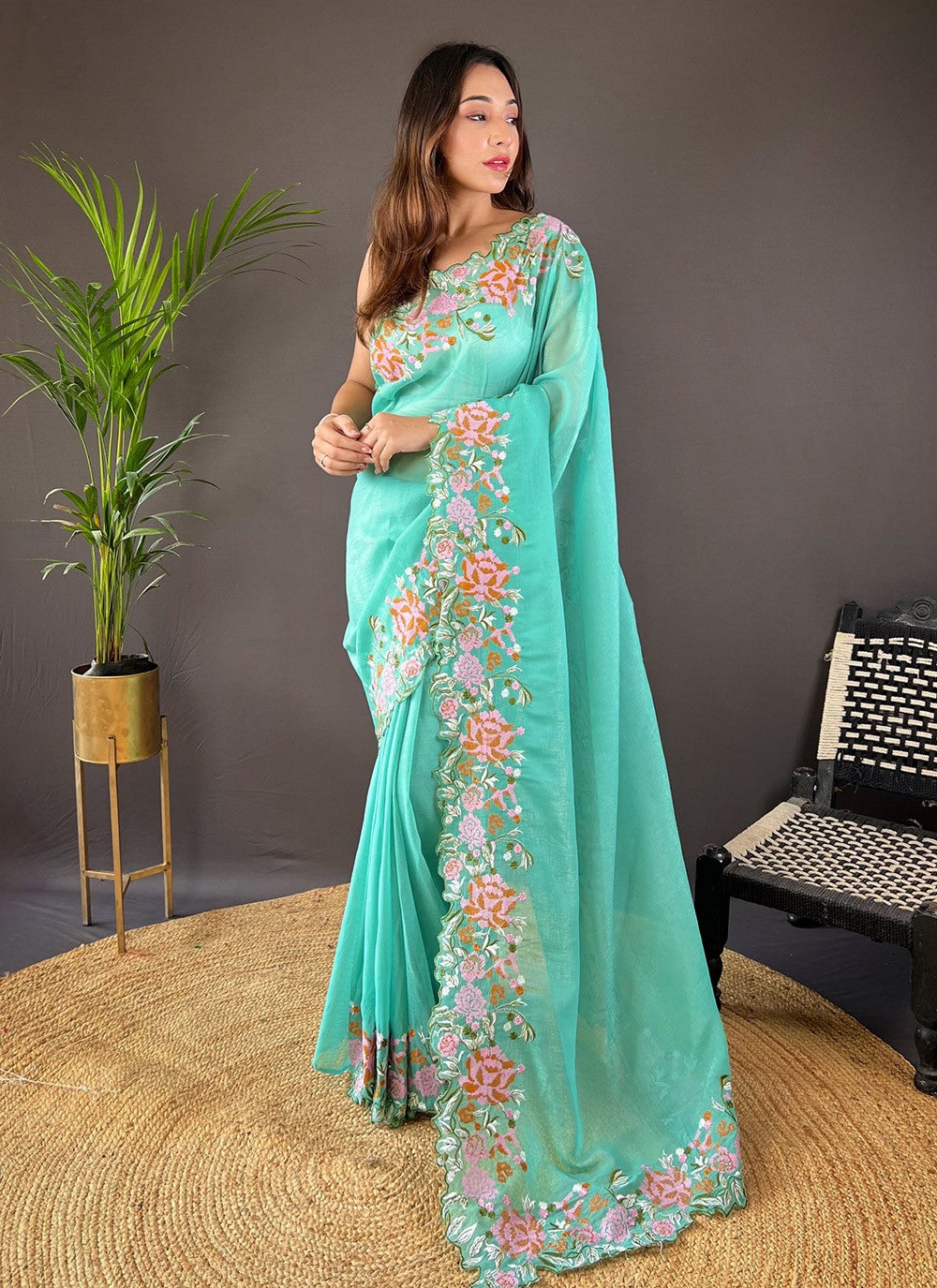 Cut Work, Embroidered Silk Saree - S11759