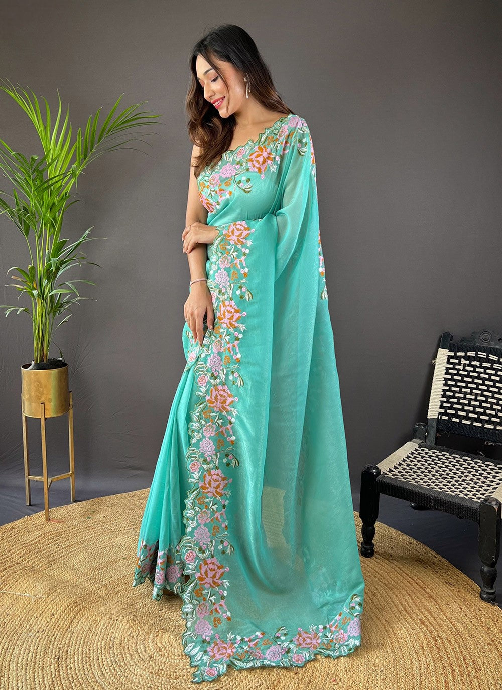 Cut Work, Embroidered Silk Saree - S11759