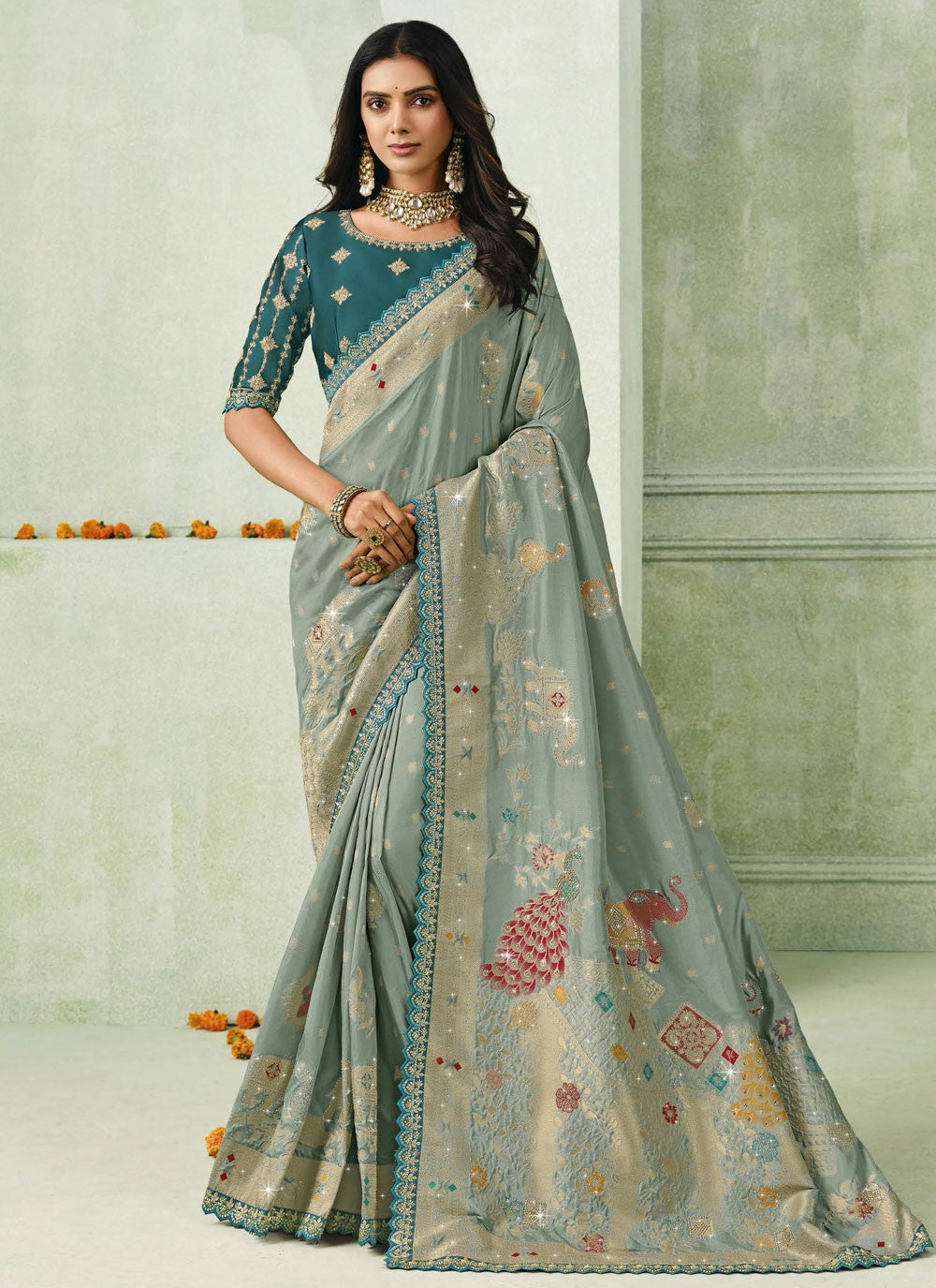 Sea Green Silk Classic Saree Embroidered S19928