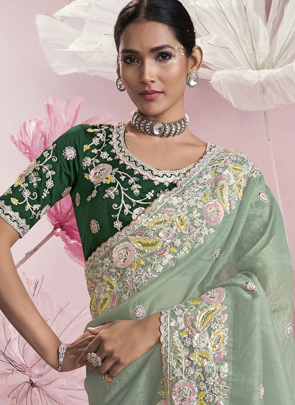 Embroidered Silk Sea Green Saree S14142
