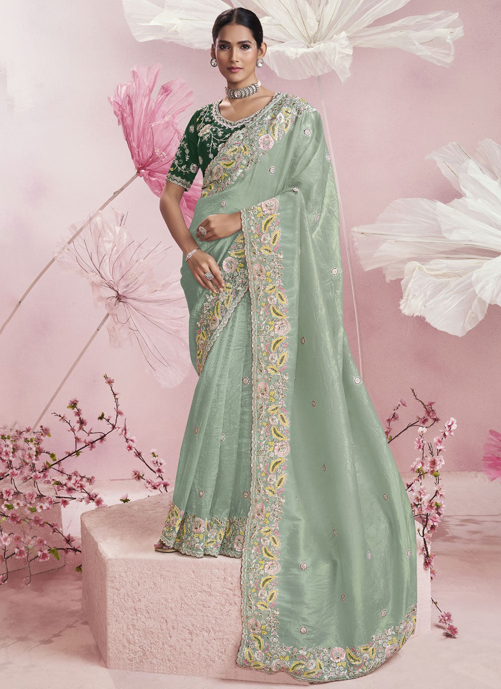 Embroidered Silk Sea Green Saree S14142