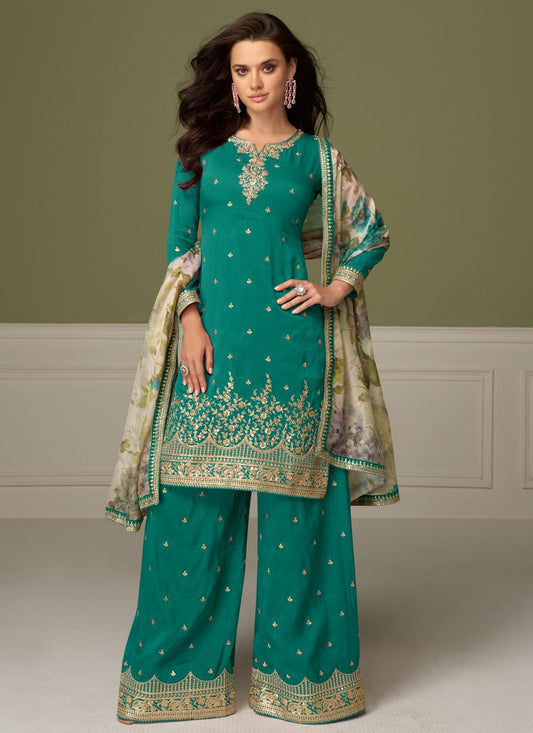 Palazzo Suit Embroidered Sea Green T8548
