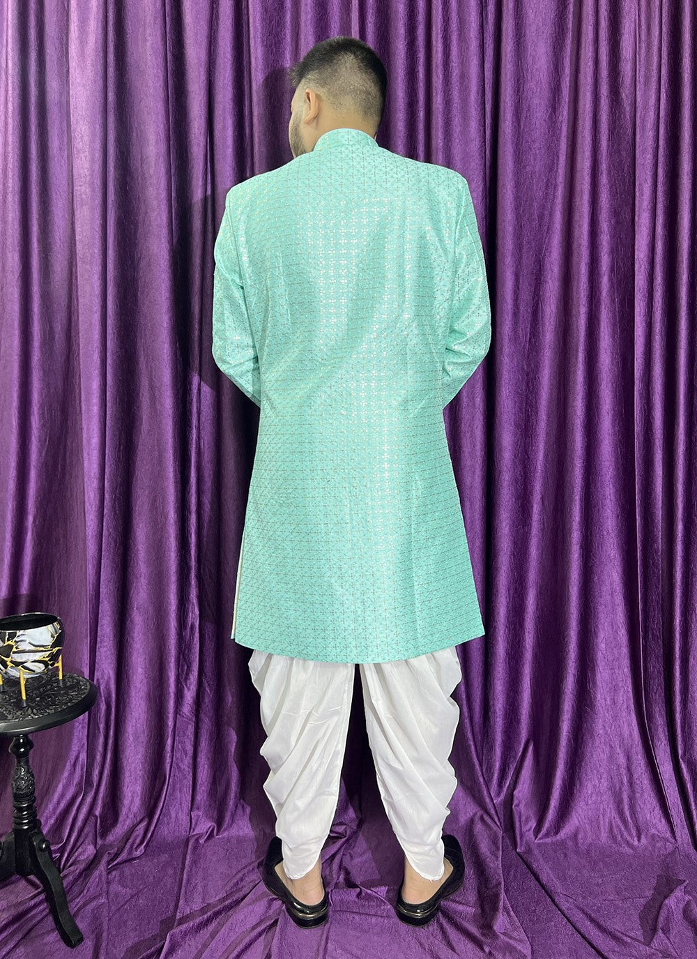 Embroidered Silk Sea Green Indo Western - M5675