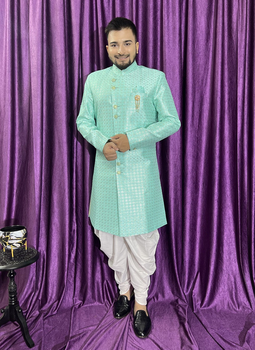 Embroidered Silk Sea Green Indo Western - M5675