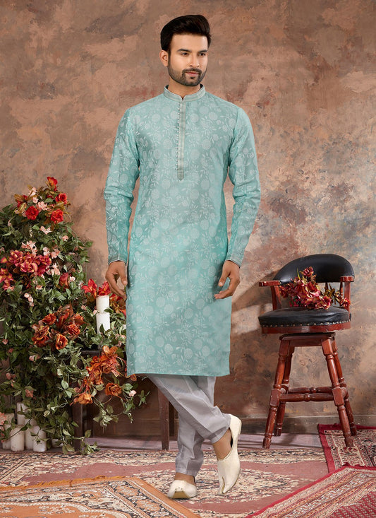 Digital Print Silk Sea Green Kurta - M5624