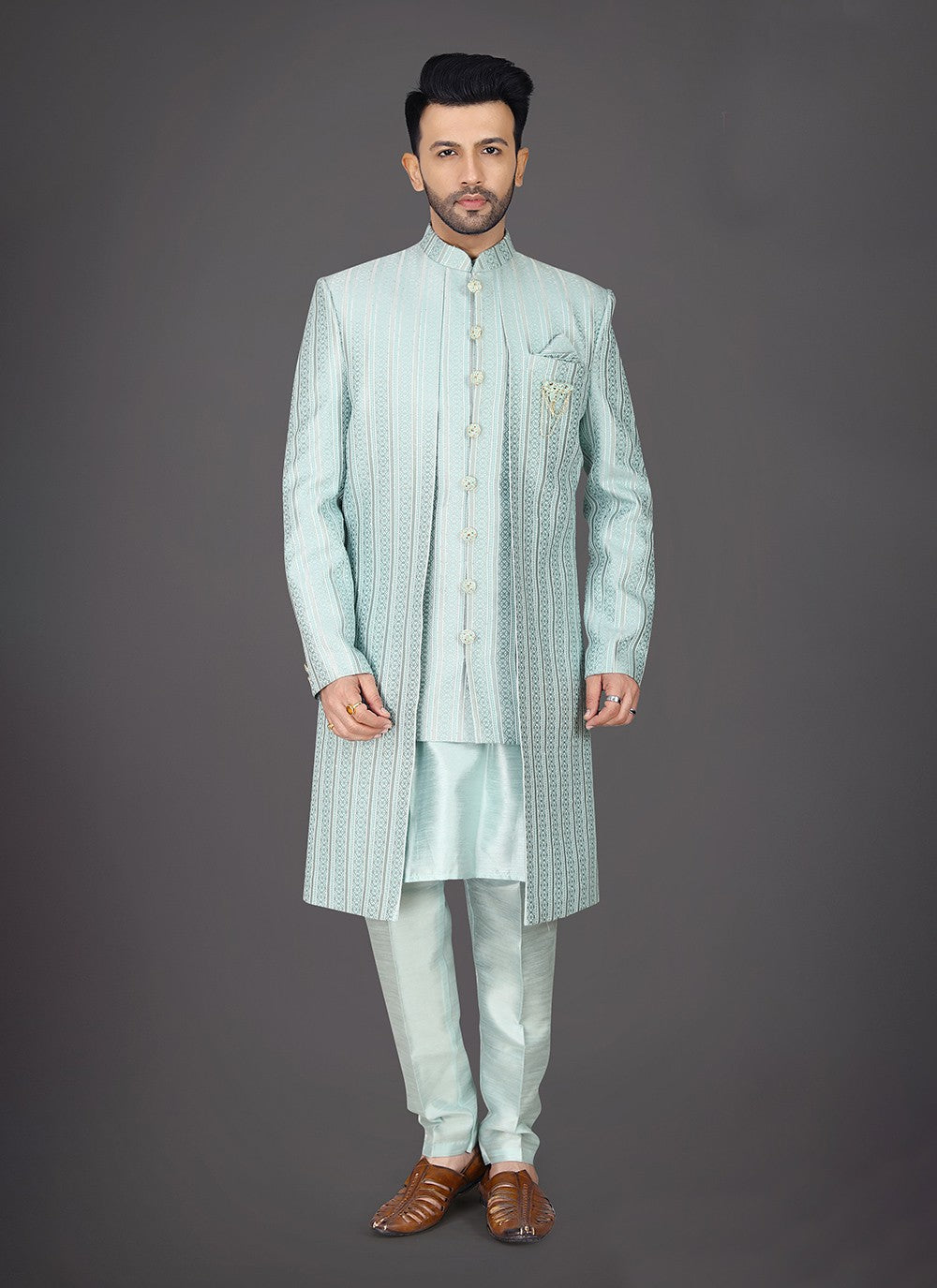 Embroidered Silk Sea Green Sherwani - M8017