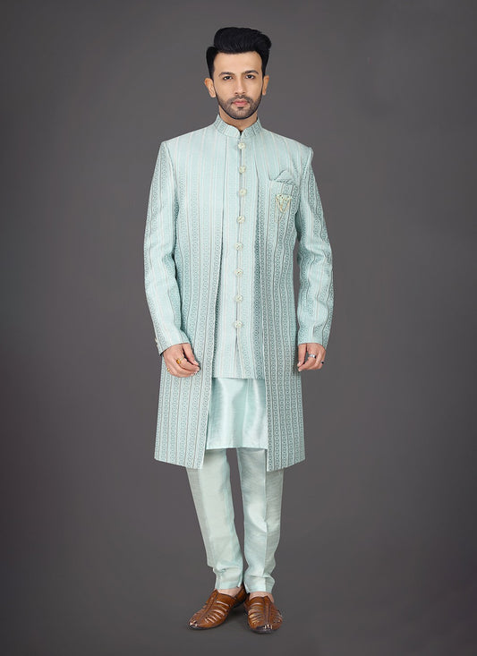 Embroidered Silk Sea Green Sherwani - M8017