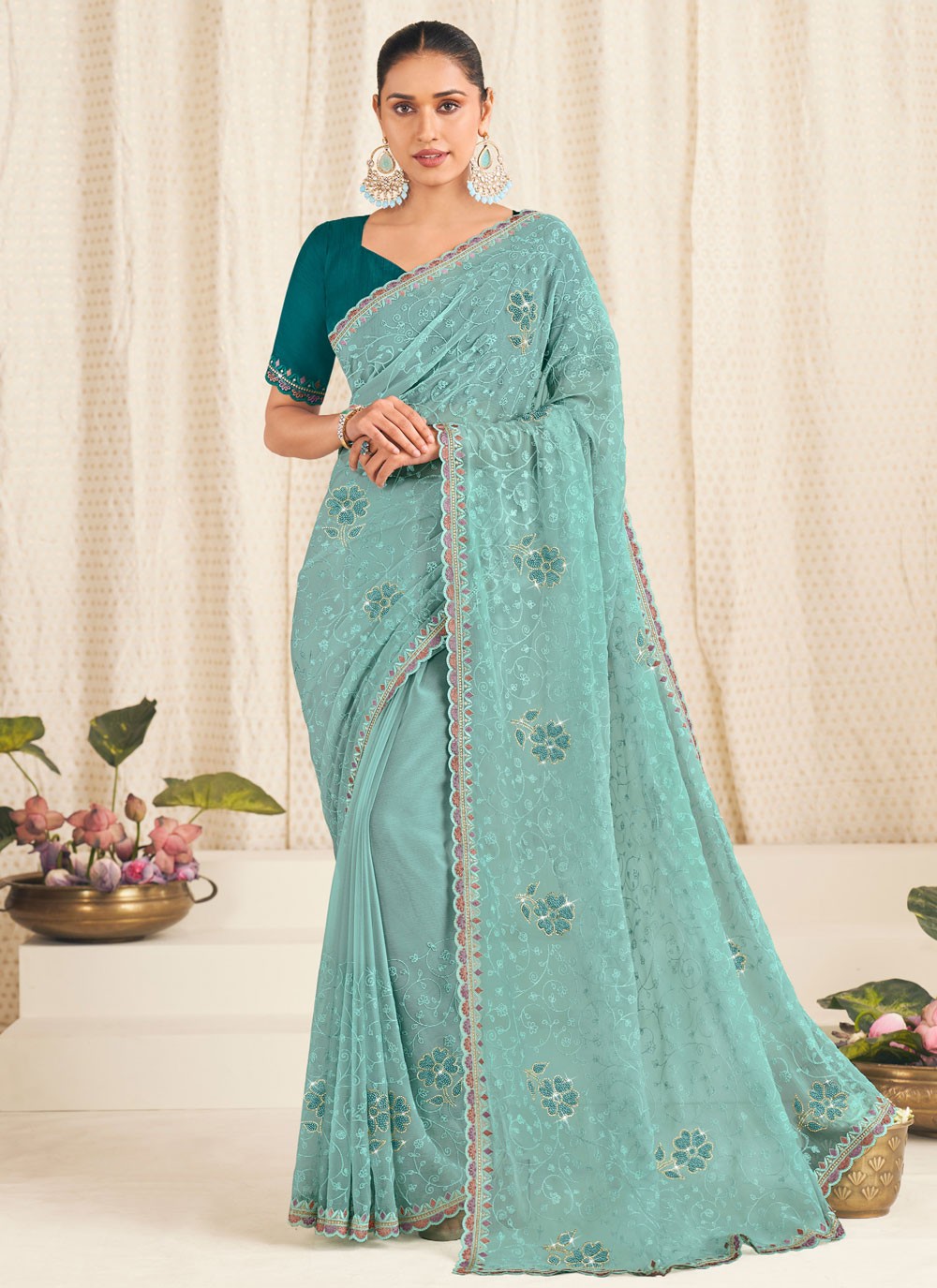Sea Green Silk Trendy Saree Embroidered S19921