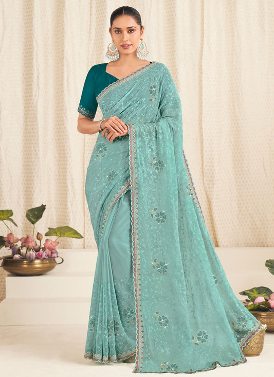 Sea Green Silk Trendy Saree Embroidered S19921