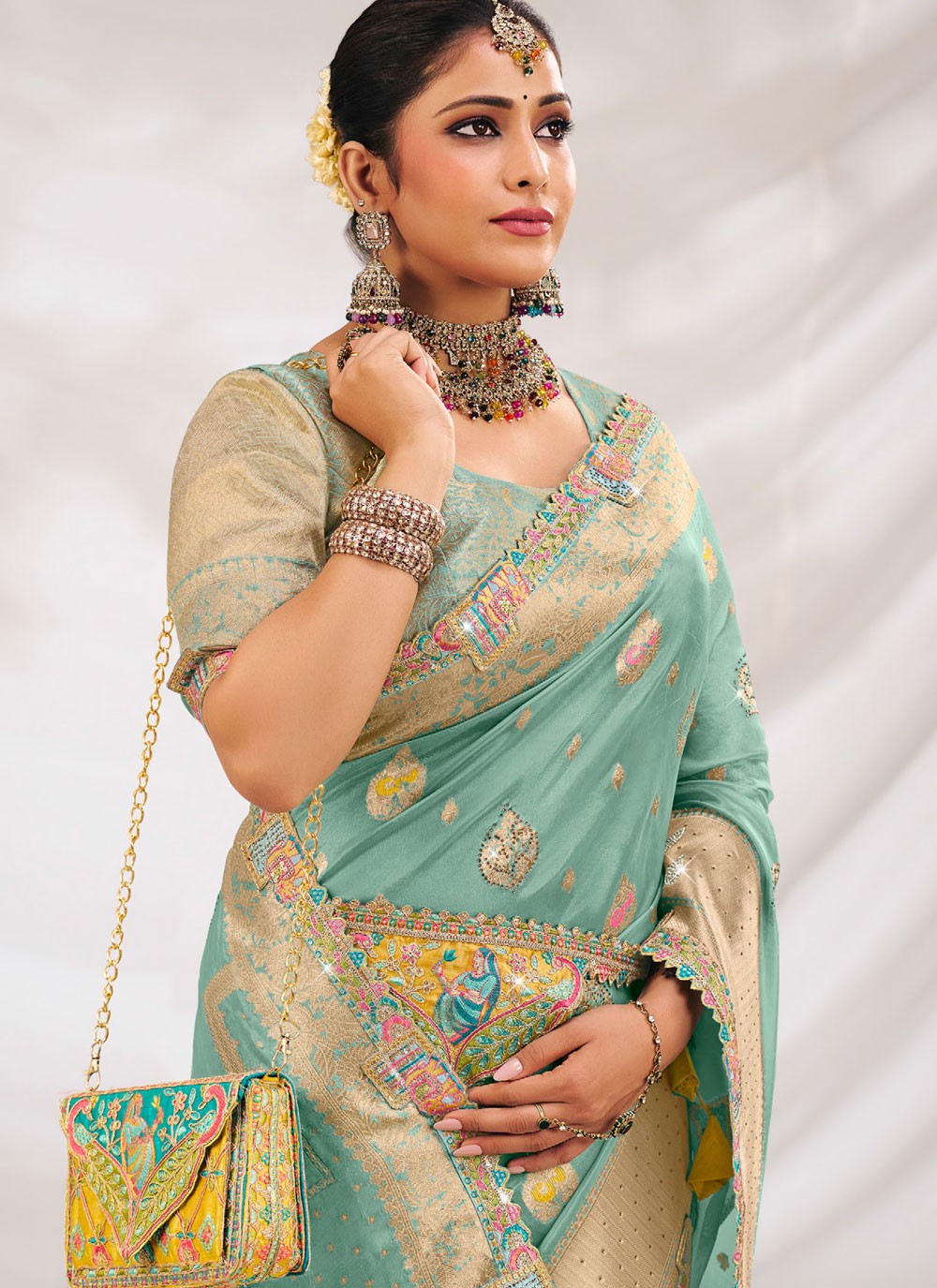 Sea Green Silk Classic Saree Fancy Work S19609