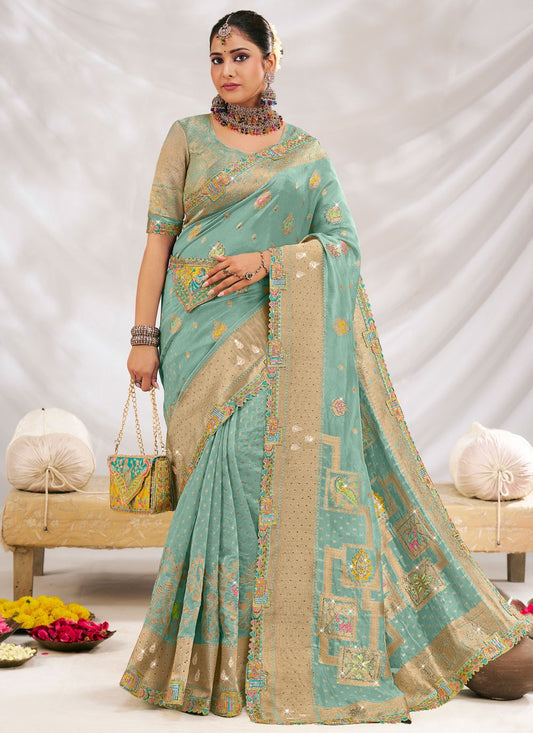 Sea Green Silk Classic Saree Fancy Work S19609