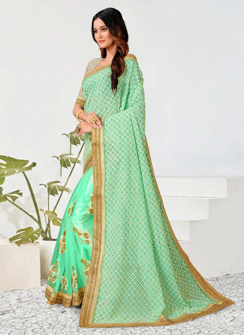 Classic Border Work Net Saree - S2916