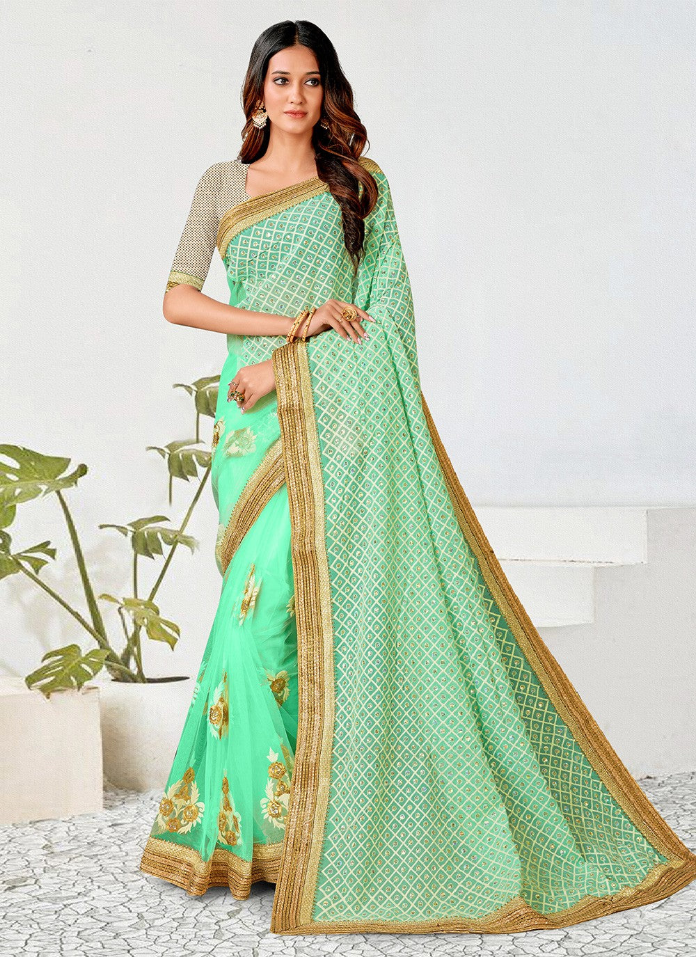 Classic Border Work Net Saree - S2916