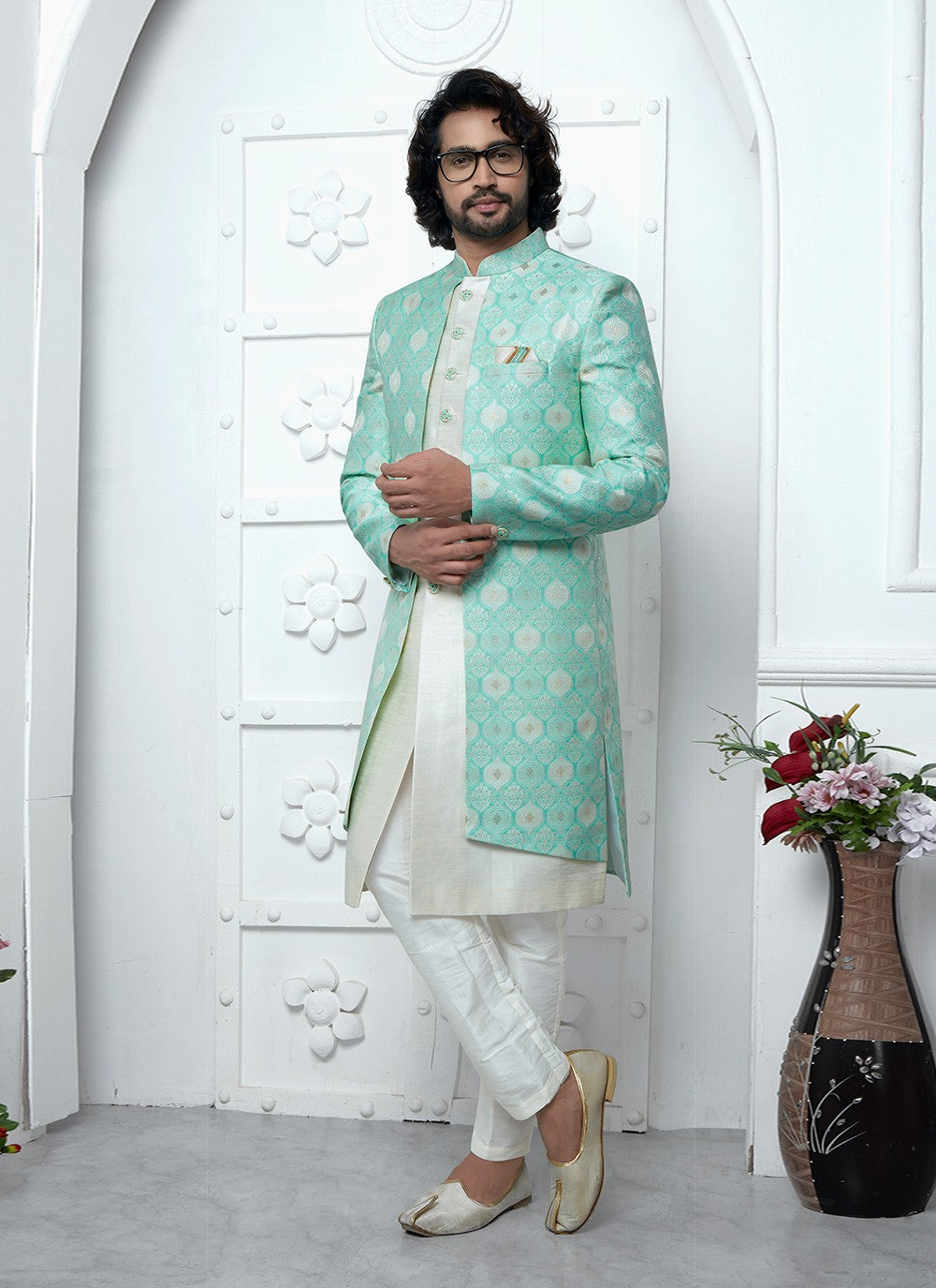 Fancy Work Jacquard Silk Sea Green Indo Western - M6609