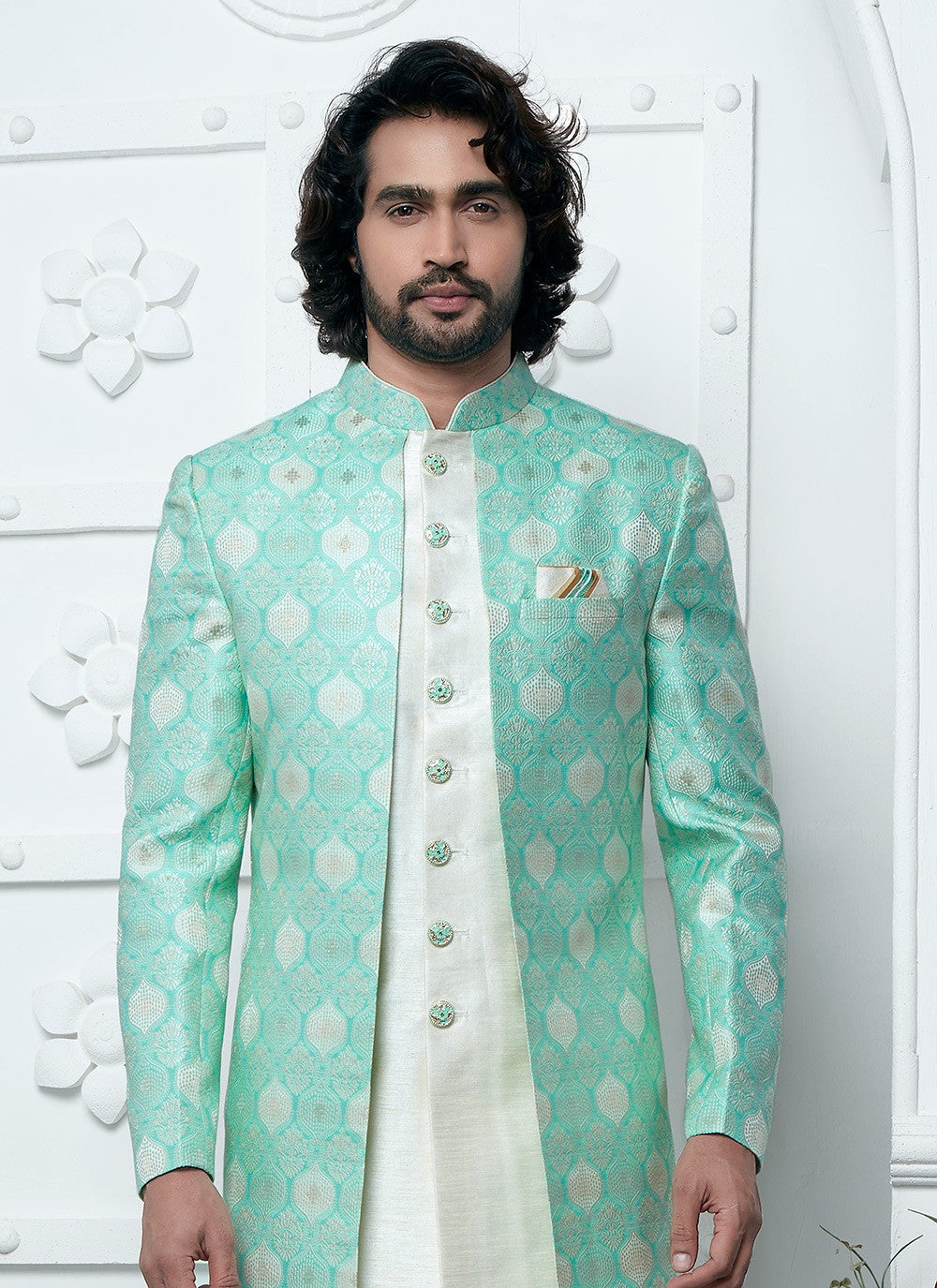 Fancy Work Jacquard Silk Sea Green Indo Western - M6609