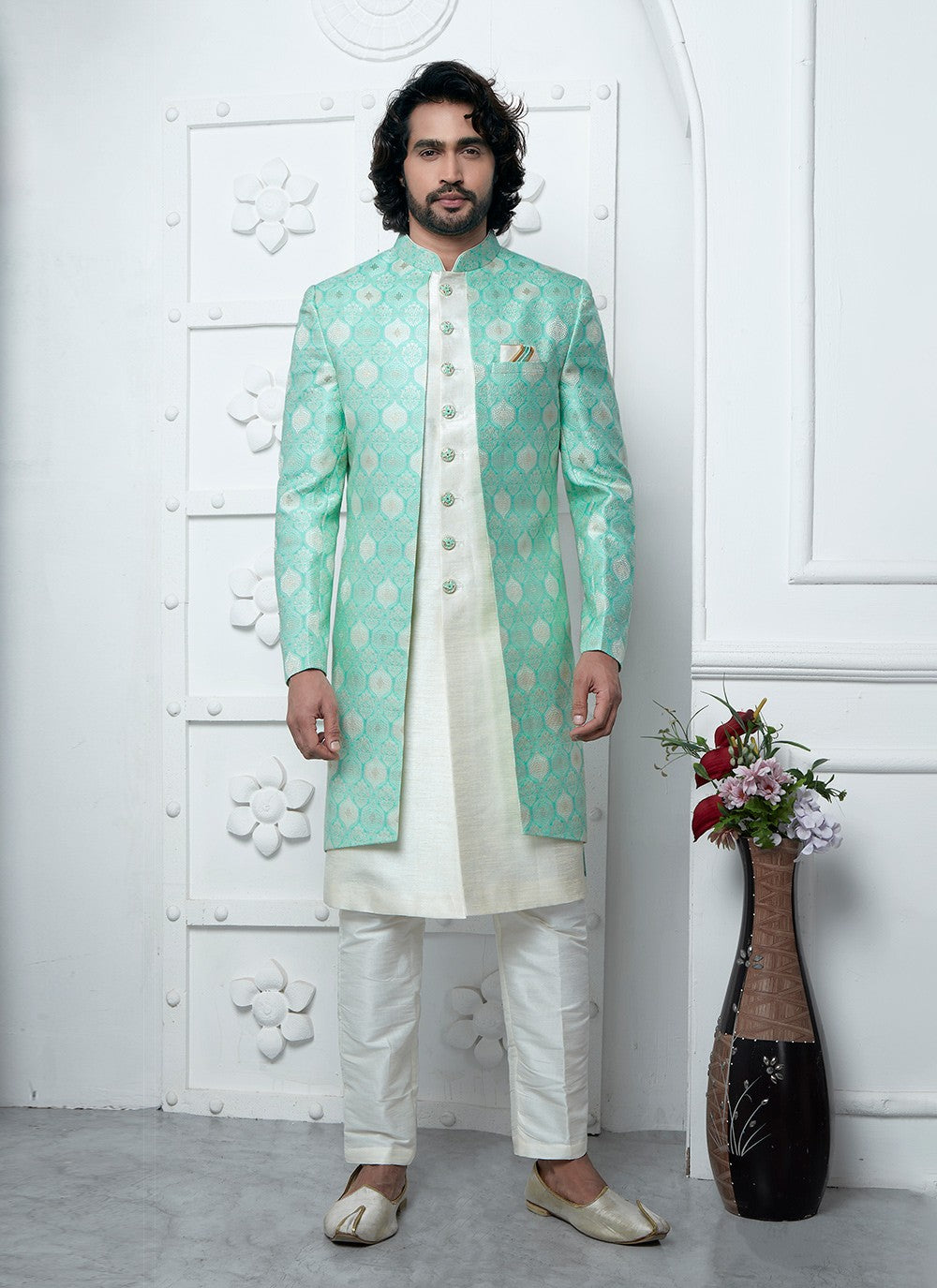 Fancy Work Jacquard Silk Sea Green Indo Western - M6609
