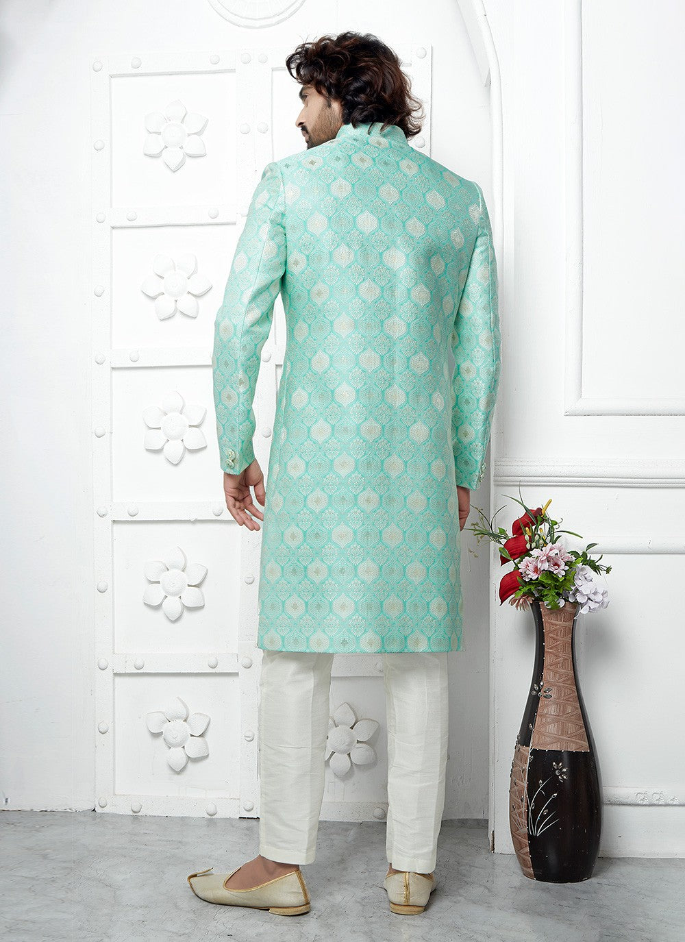 Fancy Work Jacquard Silk Sea Green Indo Western - M6609
