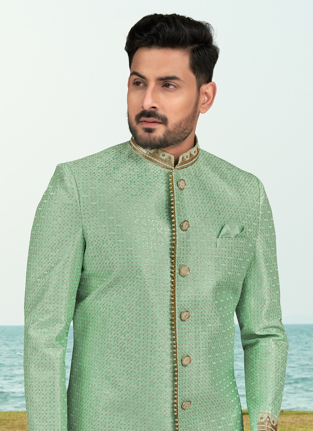 Buttons Banarasi Silk Sea Green Sherwani - M6594
