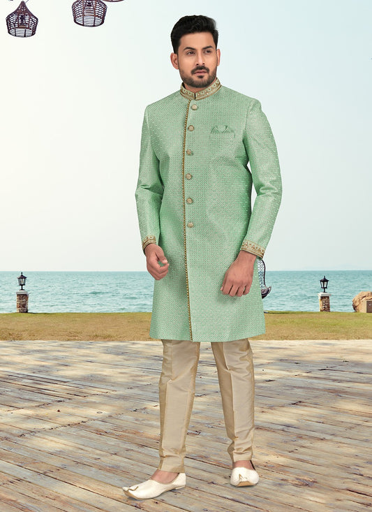 Buttons Banarasi Silk Sea Green Sherwani - M6594