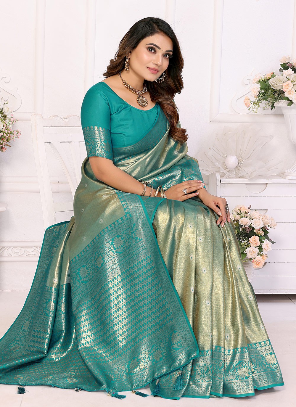 Woven Banarasi Silk Sea Green Saree S14688