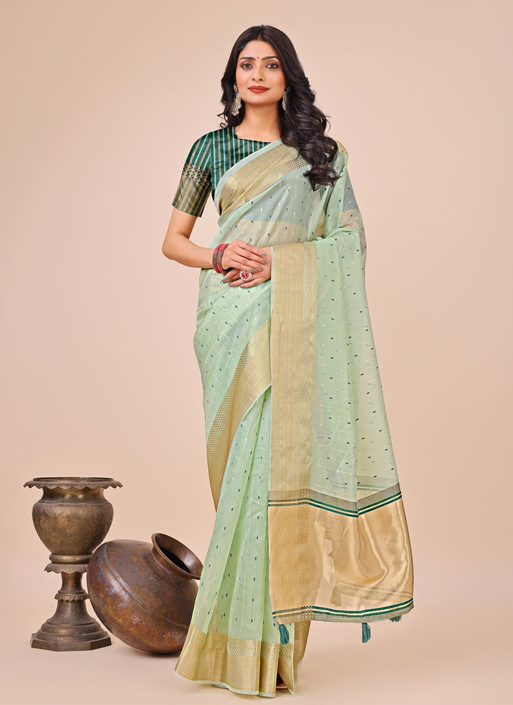 Woven Organza Sea Green Classic Saree S15189