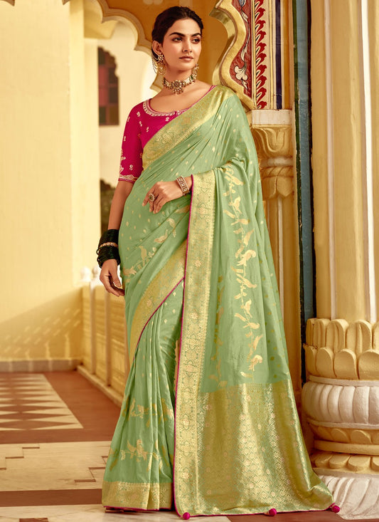 Weaving Zari Pure Dola Sea Green Saree S14224
