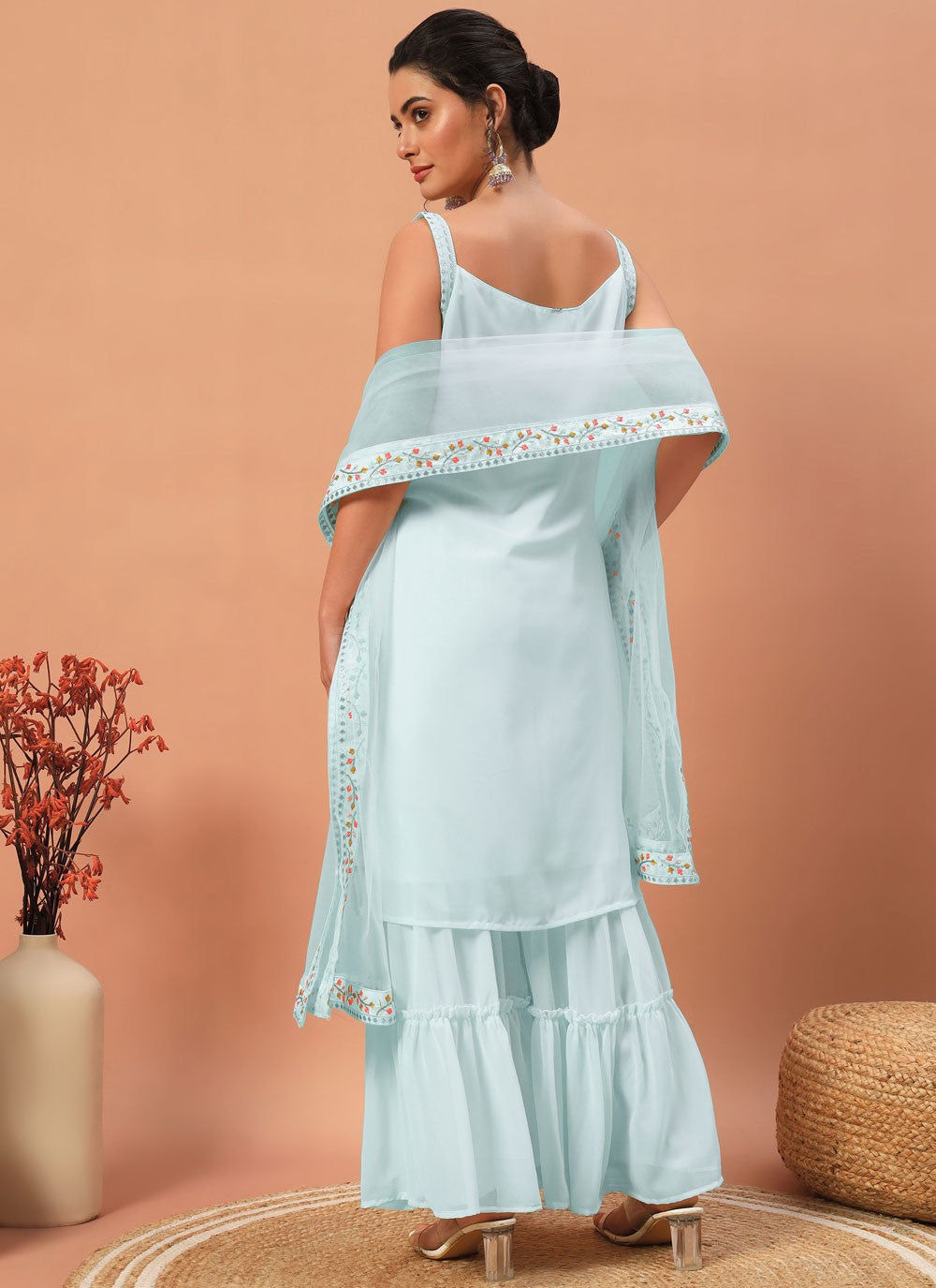 Salwar Suit Embroidered Aqua Blue Georgette T5321