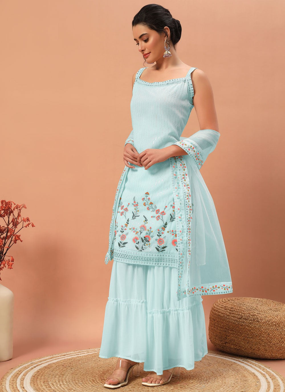 Salwar Suit Embroidered Aqua Blue Georgette T5321