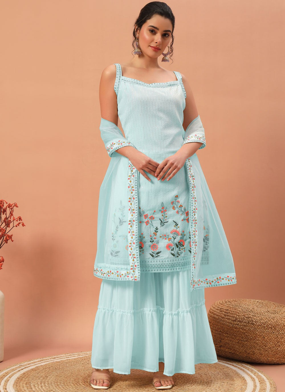 Salwar Suit Embroidered Aqua Blue Georgette T5321
