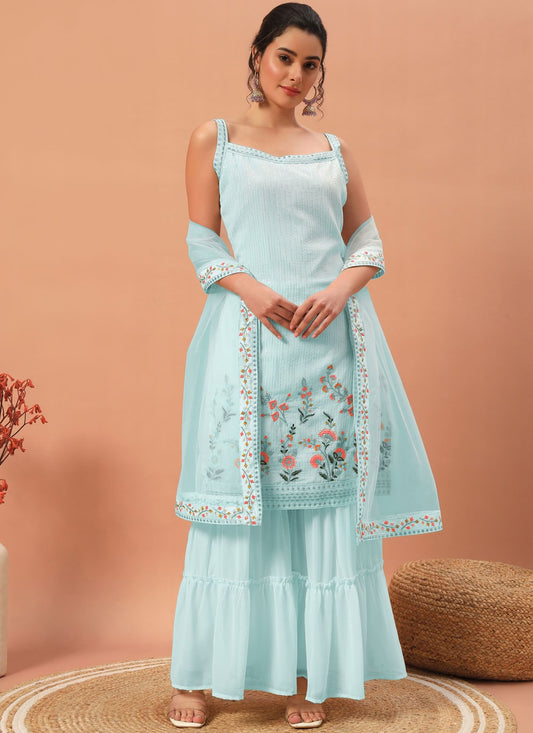 Salwar Suit Embroidered Aqua Blue Georgette T5321