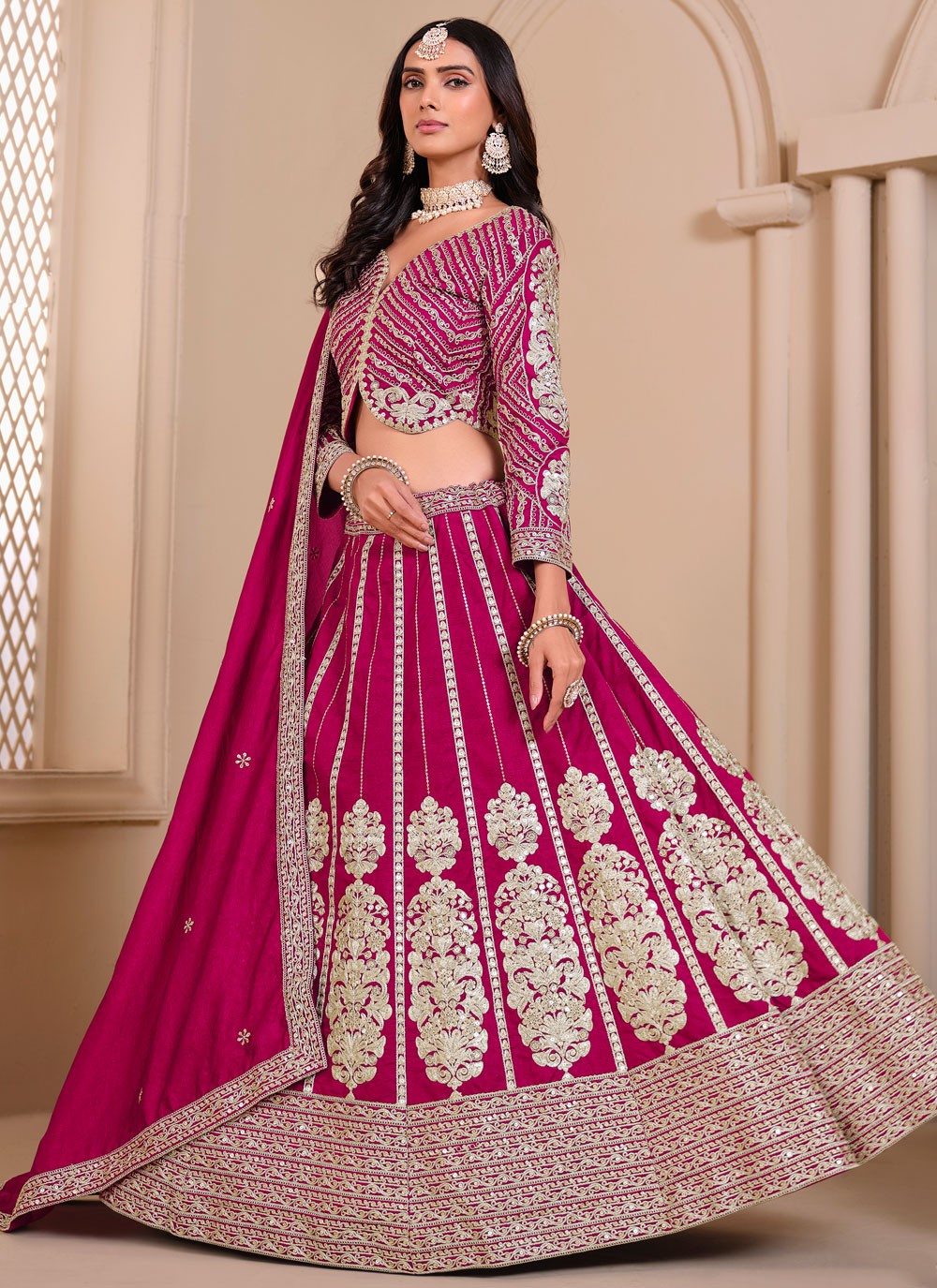 Embroidered Art Silk, Shimmer Hot Pink Lehenga - L3275