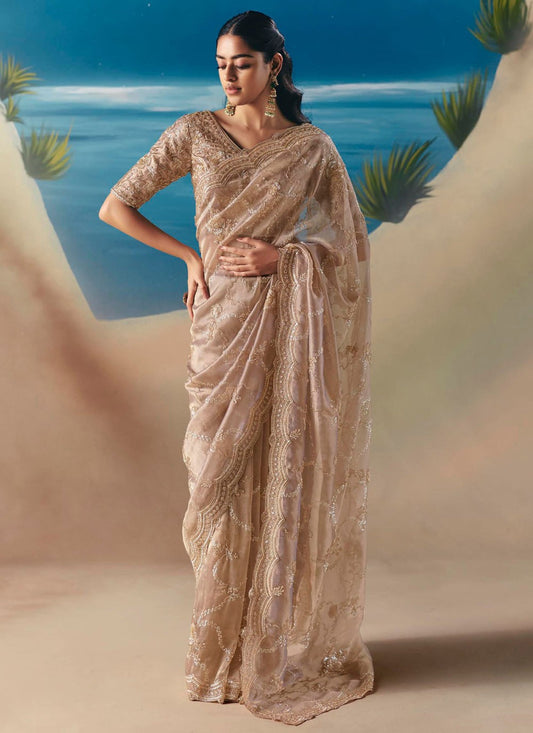 Beige Fancy Fabric Trendy Saree Embroidered, Sequins S20194