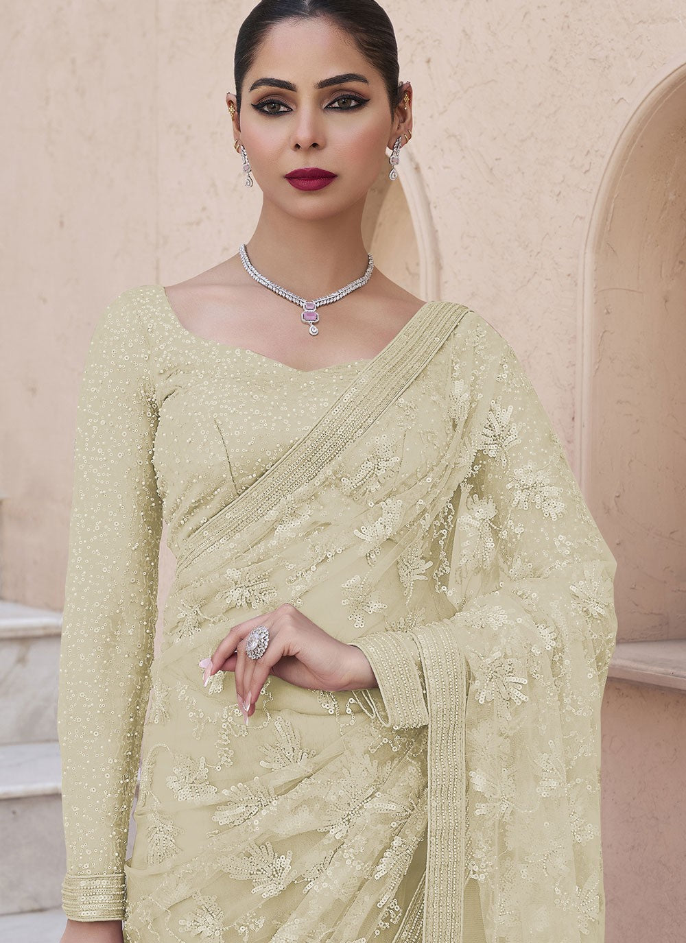 Beads Net Beige Saree S13937